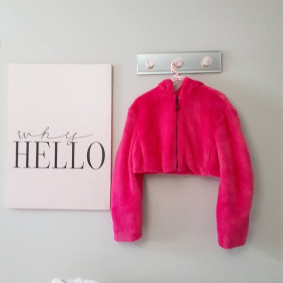 *SOLD* NWOT Bershka fuchsia pink faux fur hooded cropped teddy jacket, S - Picture 6 of 13